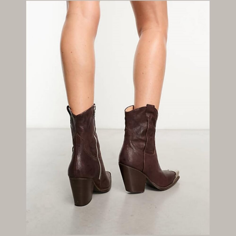 Women's Brown Western Cowgirl Ankle Boots Stacked Block Heel Steel Toe Heeled - Picture 3 of 7